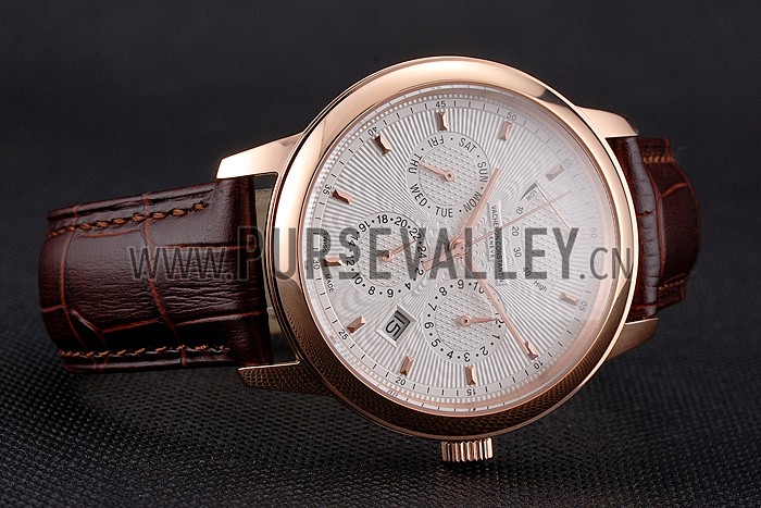 Swiss Vacheron Constantin Traditionnelle Power Reserve White Dial Rose Gold Case Brown Leather Strap