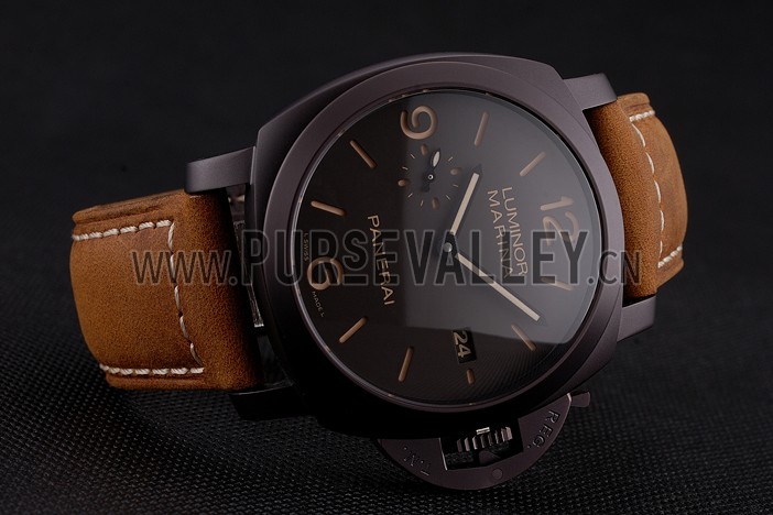 Swiss Panerai Luminor Marina 1950 3 Days Brown Dial Black Case Brown Leather Strap
