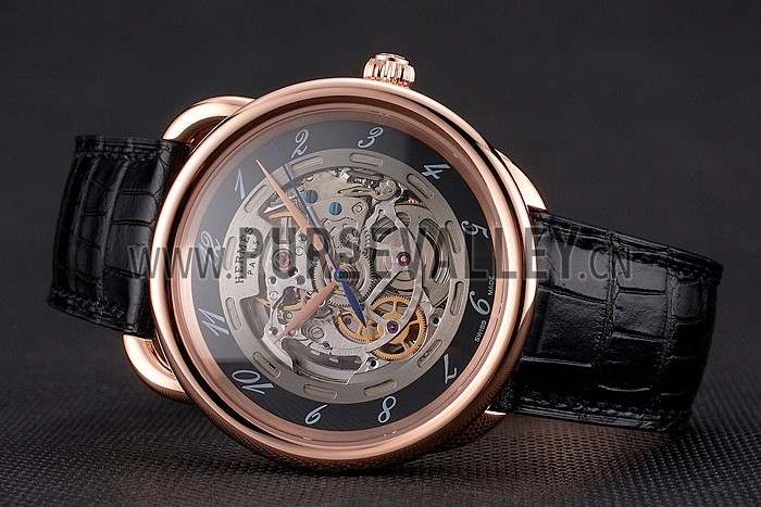 Swiss Hermes Arceau Skeleton Black Dial Brown Hands Rose Gold Case Black Leather Strap