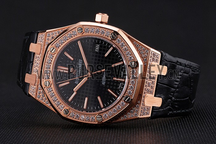 Swiss Audemars Piguet Royal Oak Black Dial Gold Case With Diamonds Black Leather Strap