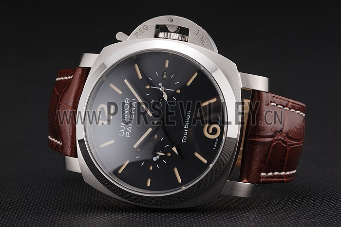 Panerai Luminor 1950 Tourbillon GMT Black Dial Stainless Steel Case Brown Leather Strap