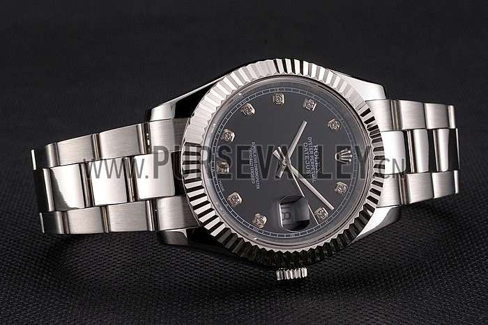 Swiss Rolex Datejust Black Dial Dimond Hour Marks Stainless Steel Case And Bracelet