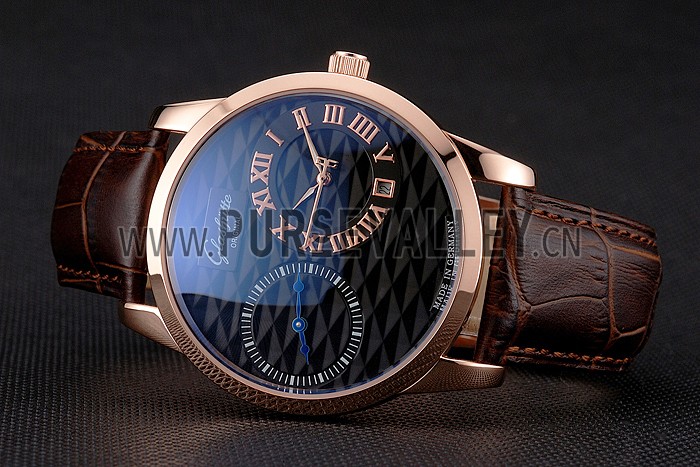 Glashutte Original Black Dial Rose Gold Case Brown Leather Strap