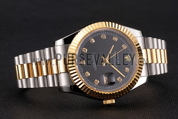 Swiss Rolex Datejust Black Dial Stainless Steel Case Gold Bezel Two Tone Bracelet
