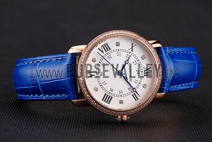 Cartier Ronde White Dial Diamond Bezel Rose Gold Case Blue Leather Strap