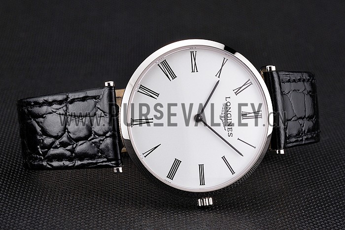 Swiss Longines Grande Classique White Dial Roman Numerals Stainless Steel Case Black Leather Strap