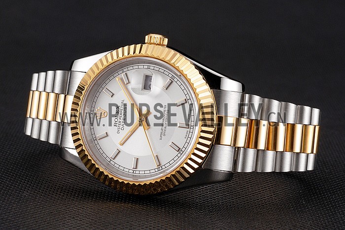 Swiss Rolex Datejust White Dial Gold Bezel Stainless Steel Case Two Tone Gold Bracelet