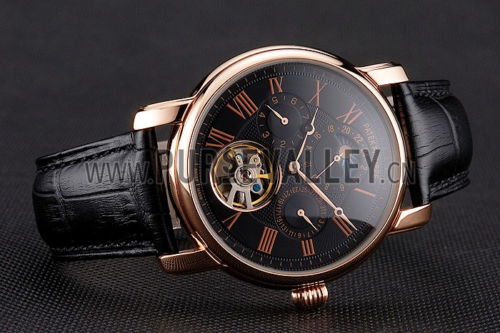 Patek Philippe Grand Complications Moonphase Perpetual Calendar Tourbillon Black Dial Rose Gold Case Black Leather Strap