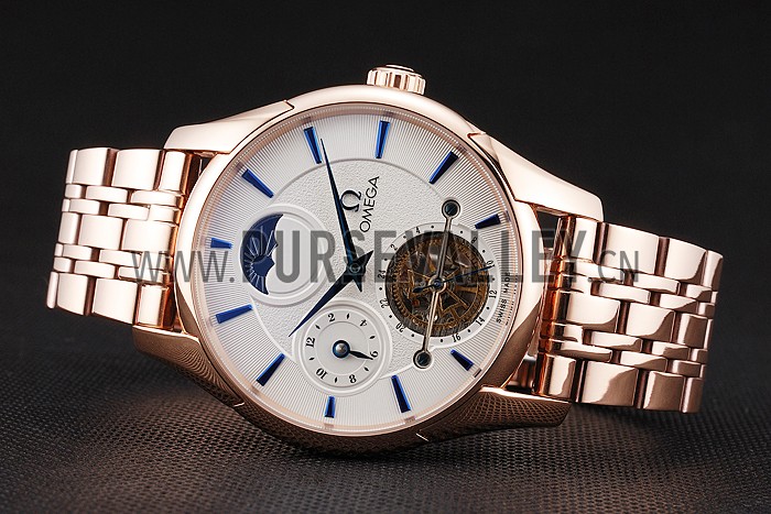 Omega De Ville Moonphase Tourbillon White Dial Blue Hands Rose Gold Case And Bracelet