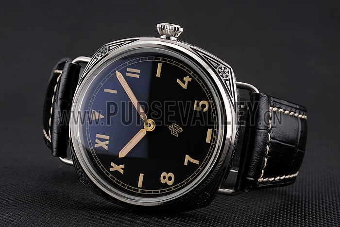 Panerai Radiomir Firenze PAM604 Black Dial Roman Numerals Engraved Stainless Steel Case Black Leather Strap