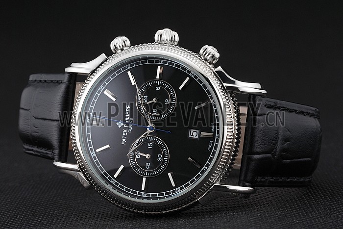 Patek Philippe Chronograph Black Dial Stainless Steel Case Black Leather Strap