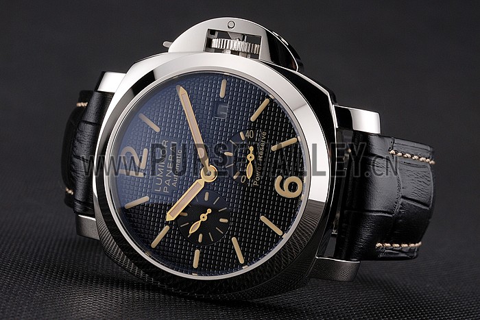 Panerai Luminor Automatic Power Reserve Black Embossed Dial Stainless Steel Case Black Leather Strap