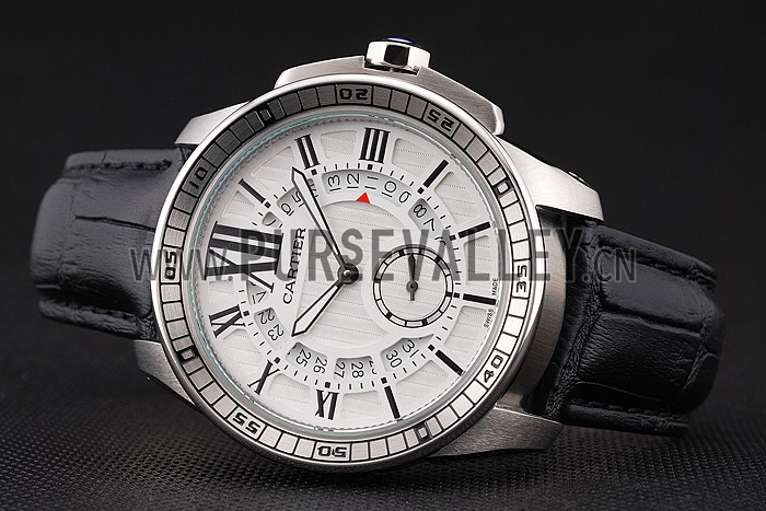 Cartier Calibre De Cartier Small Seconds White Dial Stainless Steel Case Black Leather Strap