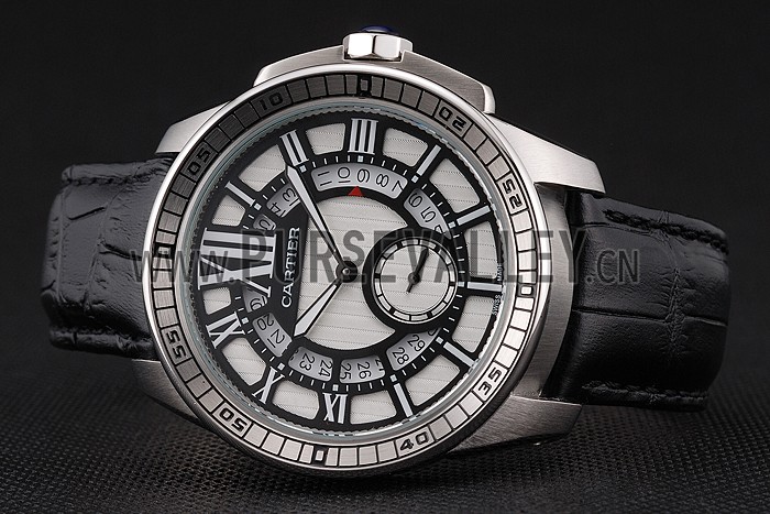 Cartier Calibre De Cartier Small Seconds Black And White Dial Stainless Steel Case Black Leather Strap