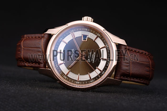 Omega Swiss DeVille Rose Gold Bezel Brown Leather Strap 7614