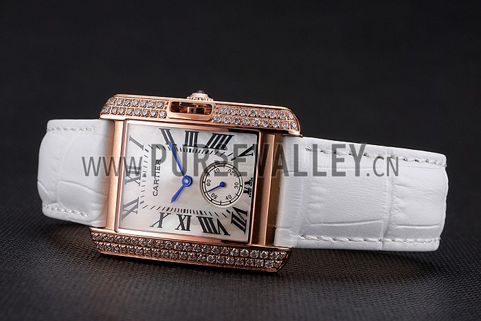 Cartier Tank MC Gold Diamond Case White Dial White Leather Strap 622169