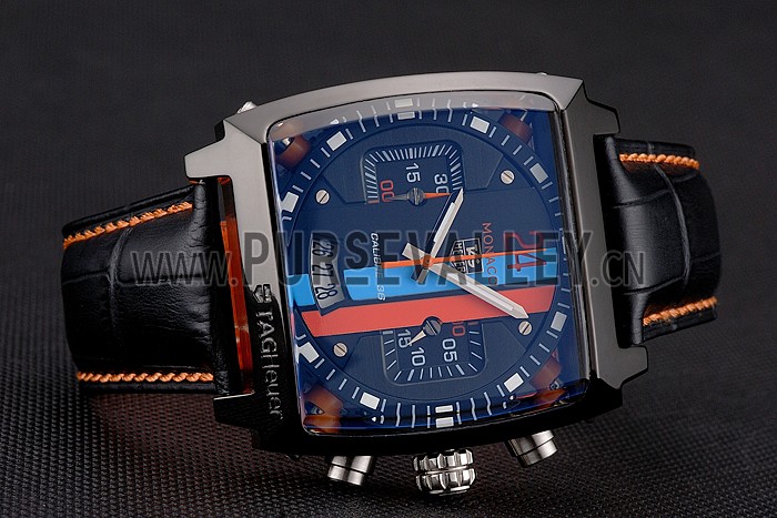 Tag Heuer Monaco Calibre 36 Blue And Orange Stripes Dial Black Leather Strap 622302
