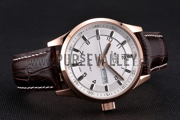 Mido Multifort Brown Croco Leather Strap White-Silver Dial 80300