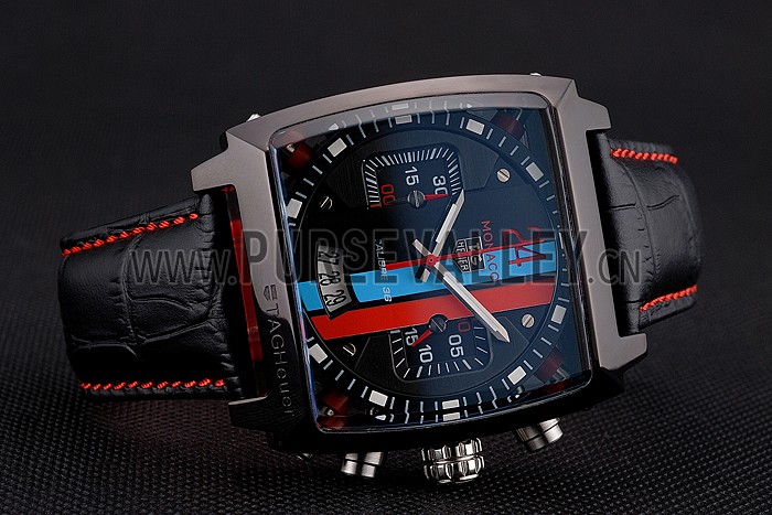 Tag Heuer Monaco Calibre 36 Blue And Red Dial Stripes Dial Black Leather Strap 622272