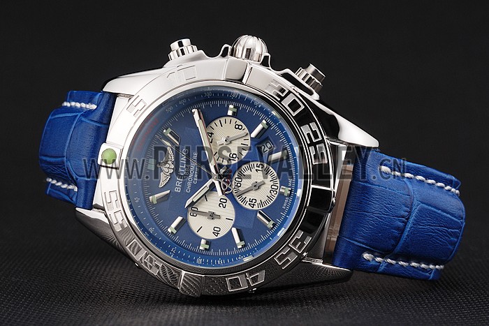 Breitling Chronomat Patrouille De France Blue Dial Stainless Steel Case Blue Leather Strap