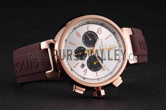 Louis Vuitton Tambour LV277 Chronograph White Dial Rose Gold Case Brown Rubber Strap