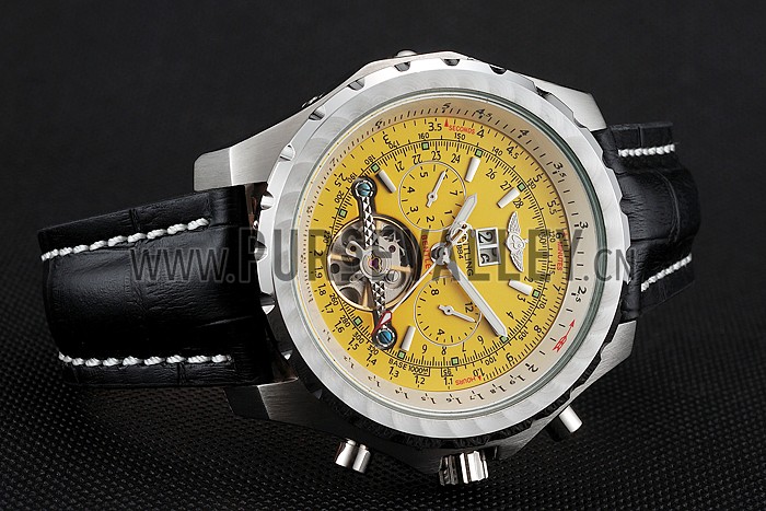 Breitling Bentley Mulliner Tourbillon Yellow Dial Stainless Steel Case Black Leather Strap 622730