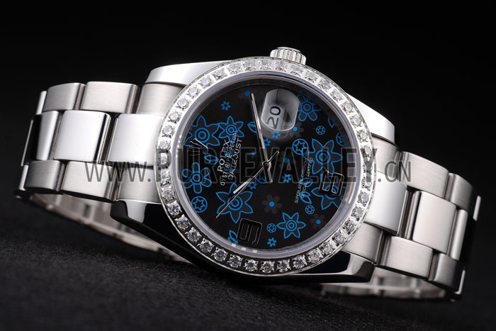 Rolex Datejust Polished Stainless Steel Dark Blue Flowers Dial Diamond Plated