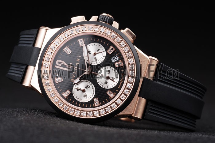 Bvlgari Diagono 36mm Black Dial Gold Case With Diamonds Black Rubber Bracelet