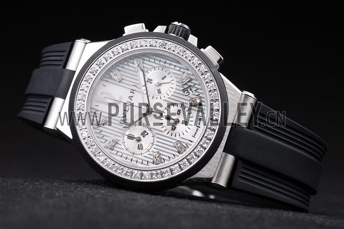 Bvlgari Diagono 36mm White Dial Stainless Steel Case With Diamonds Black Rubber Bracelet