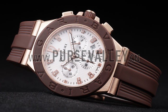 Bvlgari Diagono 36mm White Dial Rose Gold Case Brown Rubber Bracelet