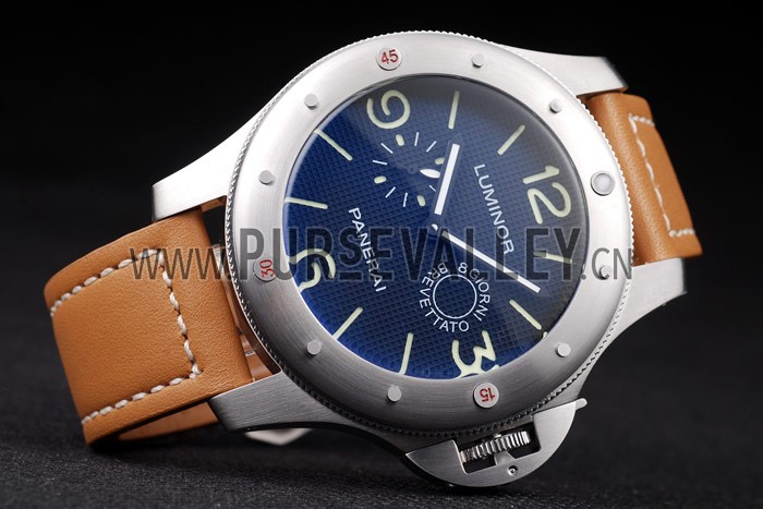 Panerai Luminor Brushed Stainless Steel Case Blue Dial Brown Leather Strap