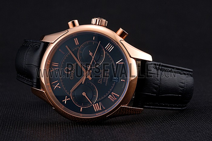 Omega DeVille Rose Gold Bezel with Black Dial and Black Leather Strap 621569
