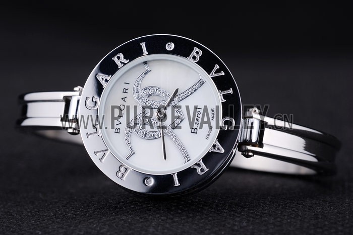 Bvlgari B.ZERO1 30mm White Diamond Heart Dial Steel Case Black Bezel Steel Bracelet