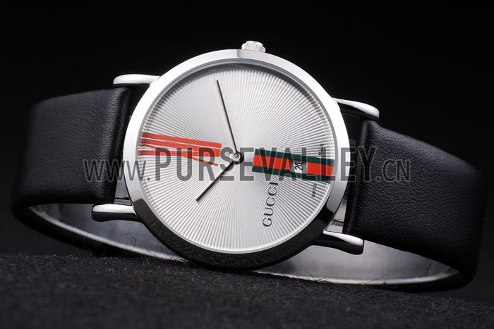 Gucci Large Polished Stainless Steel Bezel White Dial Black Leather Strap