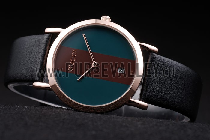 Gucci Polished Rose Gold Bezel Dark Green Dial Black Leather Strap