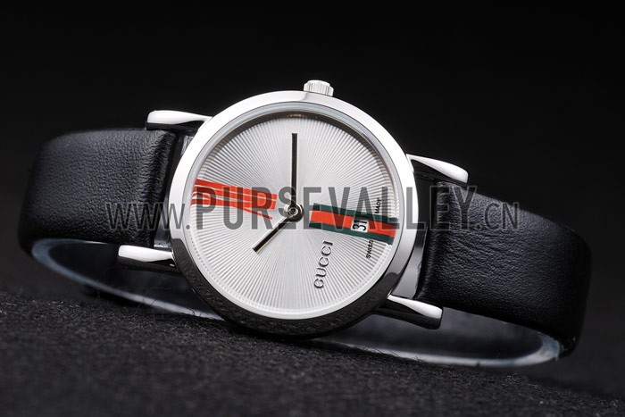 Gucci Small Polished Stainless Steel Bezel White Dial Black Leather Strap
