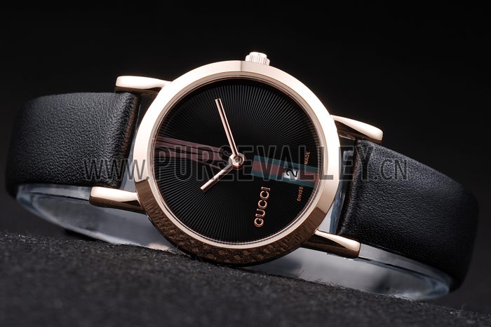 Gucci Polished Rose Gold Bezel Black Dial Black Leather Strap