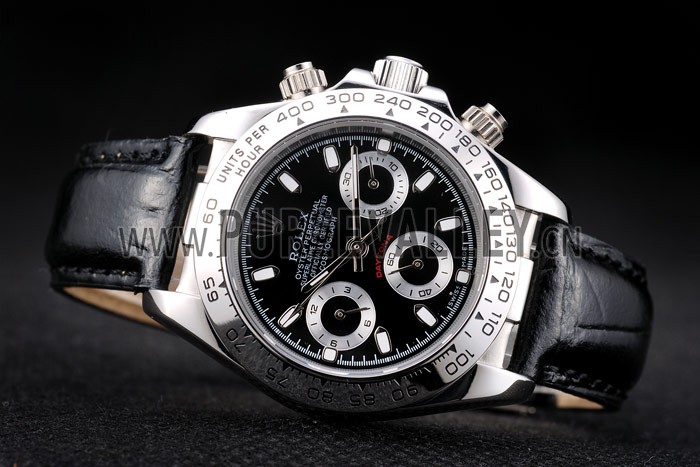 Rolex Daytona Lady Stainless Steel Case Black Dial Black Leather Strap Tachymeter