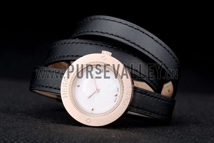 Hermes Classic MOP Dial Black Elongated Leather Strap