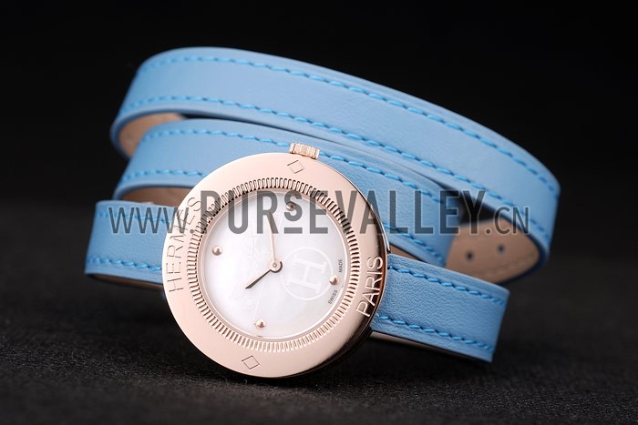 Hermes Classic MOP Dial Light Blue Elongated Leather Strap