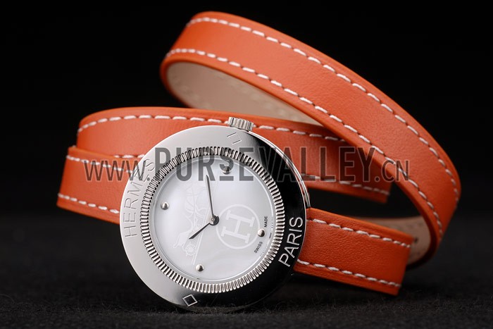 Hermes Classic MOP Dial Orange Elongated Leather Strap