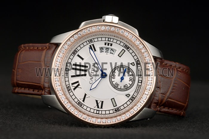 Cartier Calibre White Dial Diamonds Two Tone Case Brown Leather Bracelet