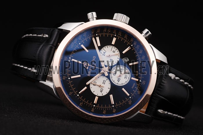 Breitling Transocean Black Dial Black Leather Strap Rose Gold Bezel 98203