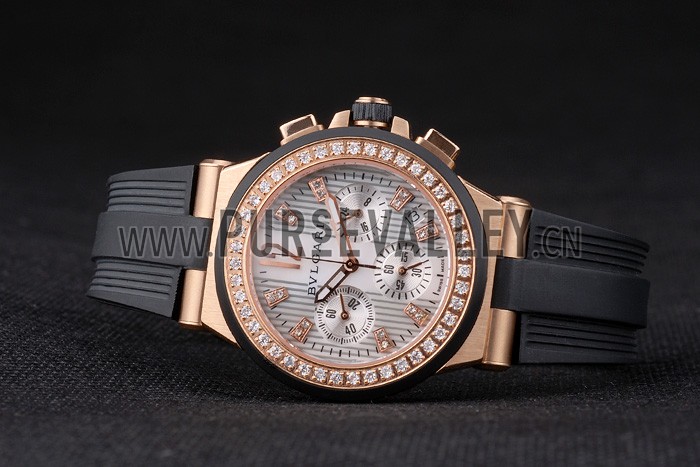 Bvlgari Diagono 36mm White Dial Gold Case With Diamonds Black Rubber Bracelet