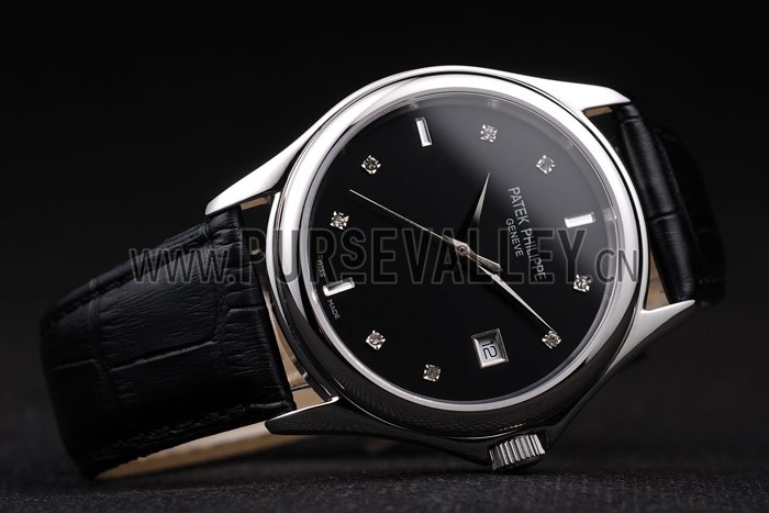 Patek Philippe Geneve Calatrava Crystal Studded Hour Marker Black Dial Black Leather Strap 98170
