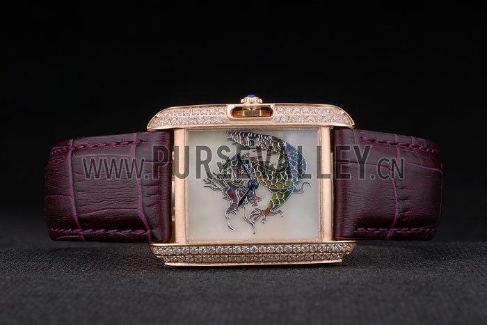 Cartier Tank Anglaise White Dragon Dial Diamonds Gold Case Purple Leather Bracelet