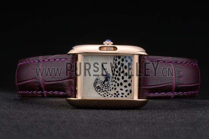 Cartier Tank Anglaise White Tiger Dial Gold Case Purple Leather Bracelet
