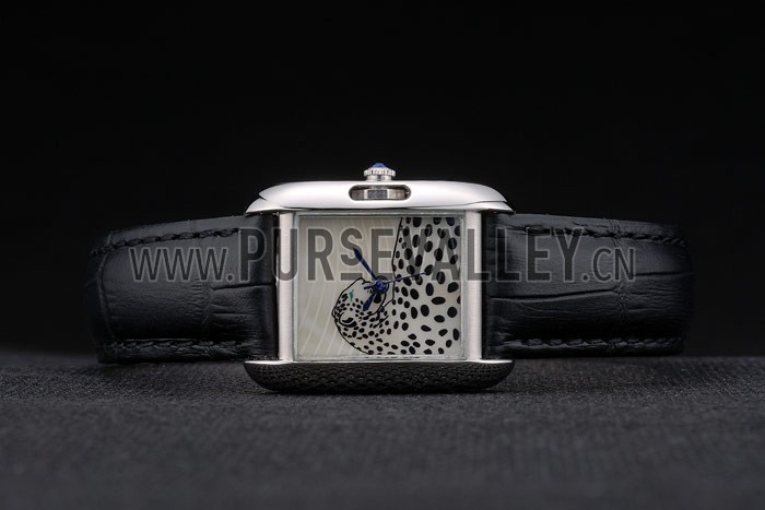 Cartier Tank Anglaise White Tiger Dial Stainless Steel Case Black Leather Bracelet