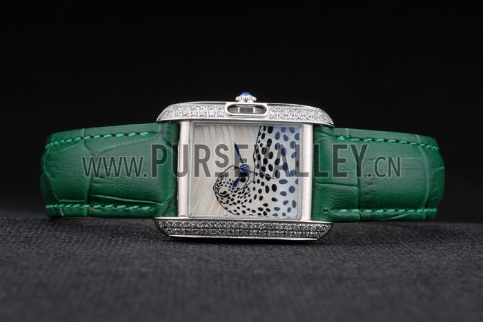 Cartier Tank Anglaise White Tiger Dial Diamonds Steel Case Green Leather Bracelet