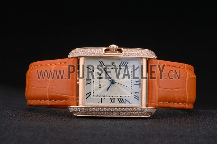 Cartier Tank Anglaise 30mm White Dial Diamonds Gold Case Orange Leather Bracelet